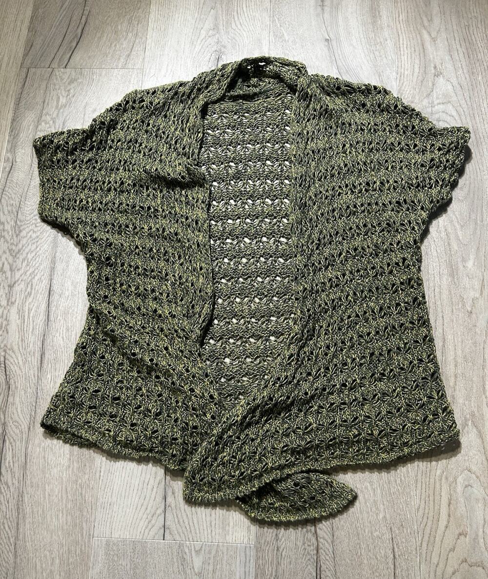 Women's L Green Solid Open-Knit Open-Front Cardigan Sweater Regular Fit